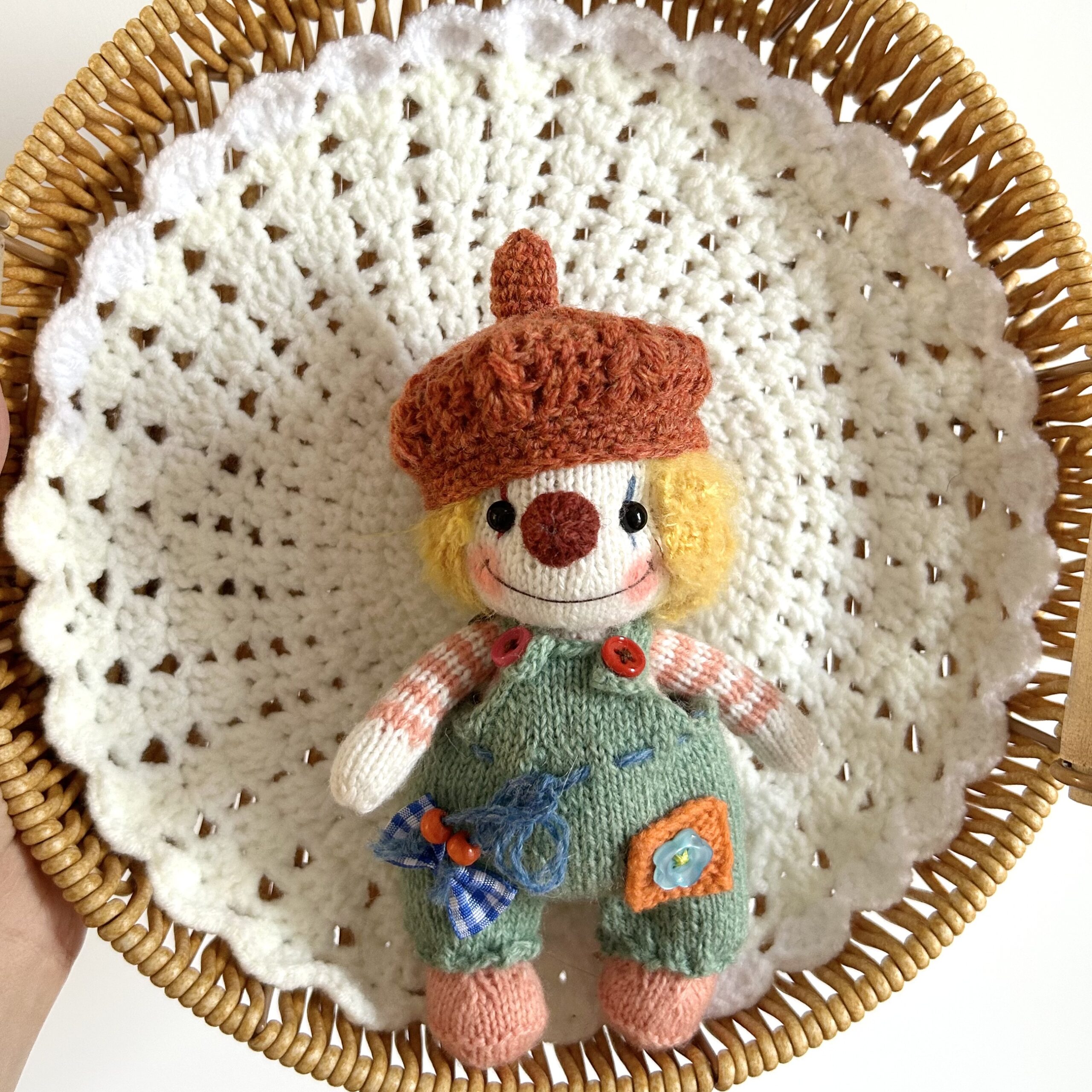 Kawaii Mr. Clown with Beret Hat Handmade Knitted Amigurumi Plushie Toy, Cute Art Toy Gift for Doll Collectors - Image 2