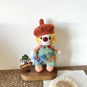 Kawaii Mr. Clown with Beret Hat Handmade Knitted Amigurumi Plushie Toy, Cute Art Toy Gift for Doll Collectors